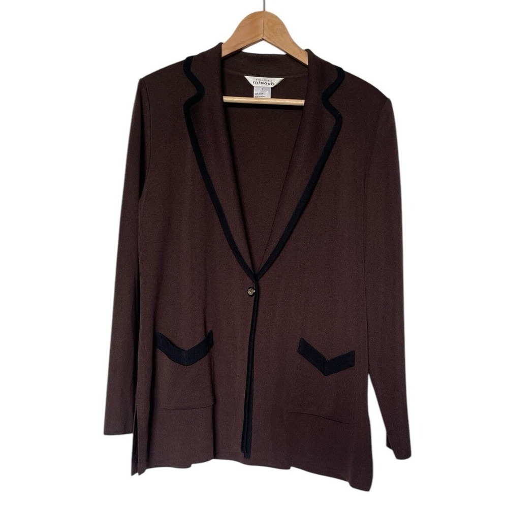 Misook Knit Blazer Women L Brown Black Contrast Trim Single Button Career Jacket